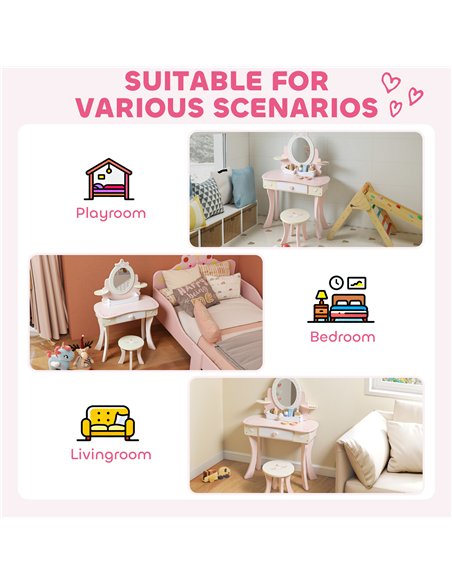 AIYAPLAY Kids Dressing Table, Girls Vanity Set with Mirror and Stool, 7 Play Accessories, Drawer, Desktop Storage, Pink