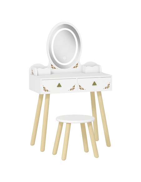 AIYAPLAY Kids Vanity Table and Chair Set with 3-Colour LED Lights Mirror, Drawer, Storage Boxes, for 3+ Years, White