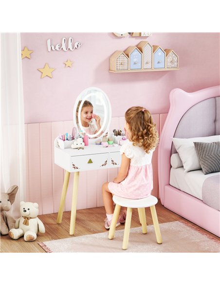 AIYAPLAY Kids Vanity Table and Chair Set with 3-Colour LED Lights Mirror, Drawer, Storage Boxes, for 3+ Years, White