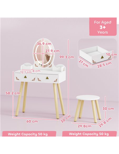 AIYAPLAY Kids Vanity Table and Chair Set with 3-Colour LED Lights Mirror, Drawer, Storage Boxes, for 3+ Years, White