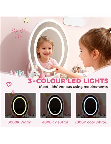 AIYAPLAY Kids Vanity Table and Chair Set with 3-Colour LED Lights Mirror, Drawer, Storage Boxes, for 3+ Years, White