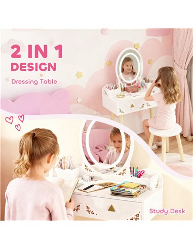 AIYAPLAY Kids Vanity Table and Chair Set with 3-Colour LED Lights Mirror, Drawer, Storage Boxes, for 3+ Years, White