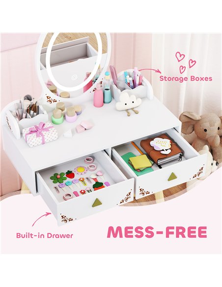 AIYAPLAY Kids Vanity Table and Chair Set with 3-Colour LED Lights Mirror, Drawer, Storage Boxes, for 3+ Years, White