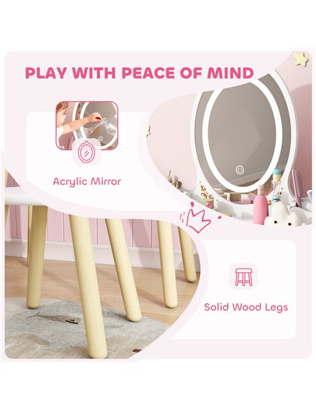 AIYAPLAY Kids Vanity Table and Chair Set with 3-Colour LED Lights Mirror, Drawer, Storage Boxes, for 3+ Years, White