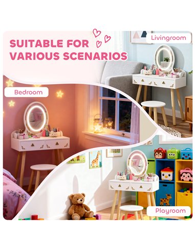 AIYAPLAY Kids Vanity Table and Chair Set with 3-Colour LED Lights Mirror, Drawer, Storage Boxes, for 3+ Years, White