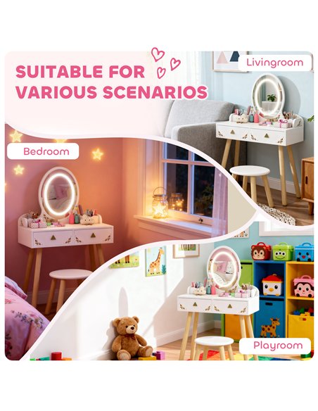 AIYAPLAY Kids Vanity Table and Chair Set with 3-Colour LED Lights Mirror, Drawer, Storage Boxes, for 3+ Years, White