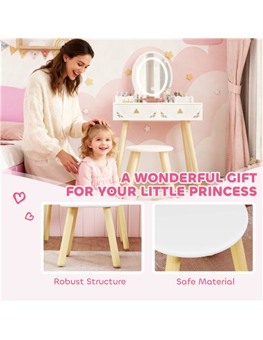 AIYAPLAY Kids Vanity Table and Chair Set with 3-Colour LED Lights Mirror, Drawer, Storage Boxes, for 3+ Years, White