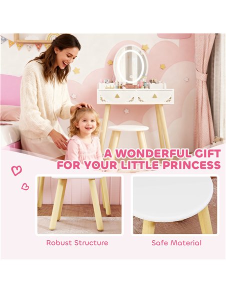 AIYAPLAY Kids Vanity Table and Chair Set with 3-Colour LED Lights Mirror, Drawer, Storage Boxes, for 3+ Years, White