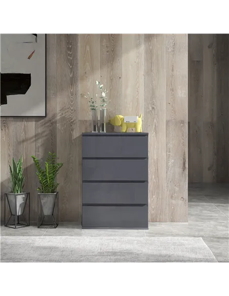 HOMCOM High Gloss Chest of Drawers, 4-Drawer Storage Cabinets, Modern Dresser for Bedroom, Grey