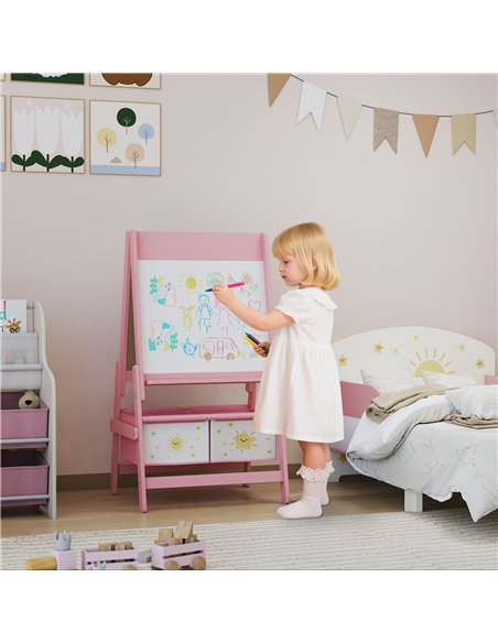 AIYAPLAY Art Easel for Kids, Double-Sided Whiteboard/Blackboard with Paper Roll, Two Storage Boxes, for Ages 3-8 Years, Pink