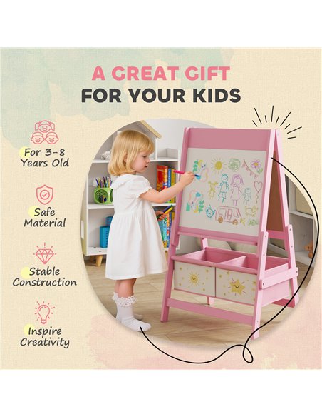 AIYAPLAY Art Easel for Kids, Double-Sided Whiteboard/Blackboard with Paper Roll, Two Storage Boxes, for Ages 3-8 Years, Pink