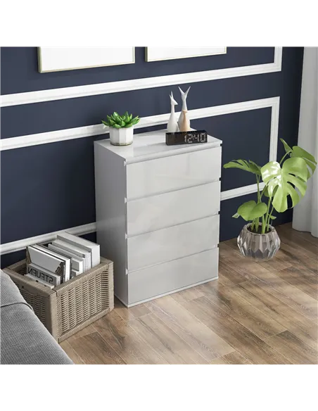 HOMCOM High Gloss Chest of Drawers, 4-Drawer Storage Cabinets, Modern Dresser for Bedroom, White