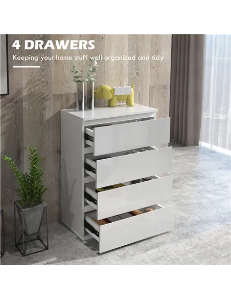 HOMCOM High Gloss Chest of Drawers, 4-Drawer Storage Cabinets, Modern Dresser for Bedroom, White