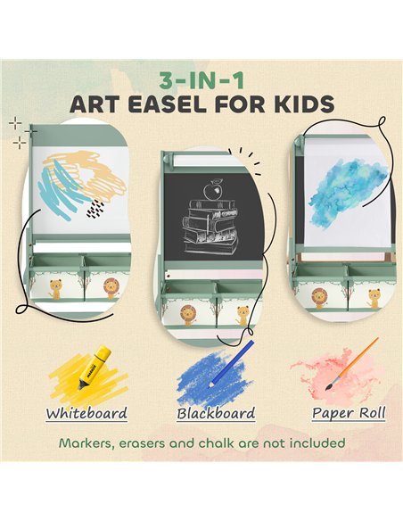 AIYAPLAY Art Easel for Kids, Double-Sided Whiteboard/Blackboard with Paper Roll, Two Storage Boxes, for Ages 3-8 Years, Green