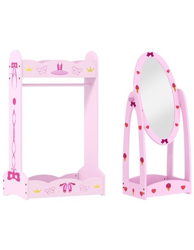 AIYAPLAY Kids Clothes Rail, Kids Dressing Mirror with 360° Rotating, 2 Piece Kids Furniture Set with Storage Shelves, Pink