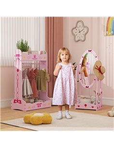 AIYAPLAY Kids Clothes Rail, Kids Dressing Mirror with 360° Rotating, 2 Piece Kids Furniture Set with Storage Shelves, Pink 2