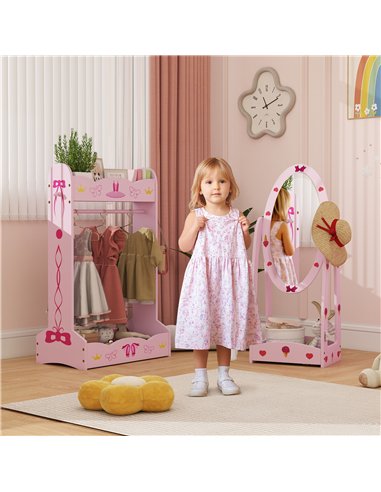 AIYAPLAY Kids Clothes Rail, Kids Dressing Mirror with 360° Rotating, 2 Piece Kids Furniture Set with Storage Shelves, Pink