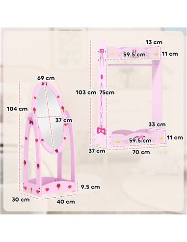AIYAPLAY Kids Clothes Rail, Kids Dressing Mirror with 360° Rotating, 2 Piece Kids Furniture Set with Storage Shelves, Pink