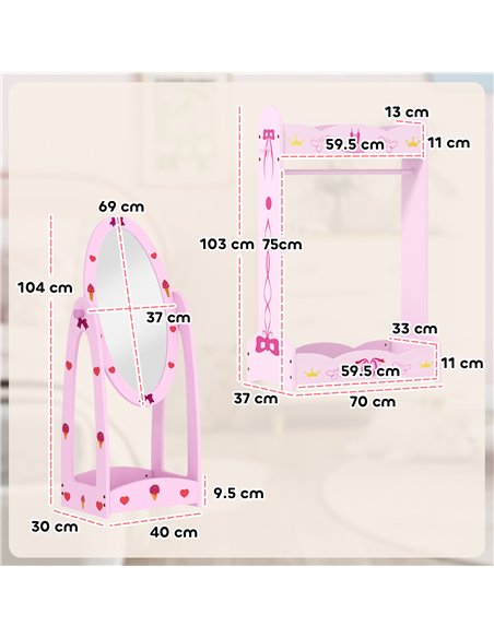 AIYAPLAY Kids Clothes Rail, Kids Dressing Mirror with 360° Rotating, 2 Piece Kids Furniture Set with Storage Shelves, Pink
