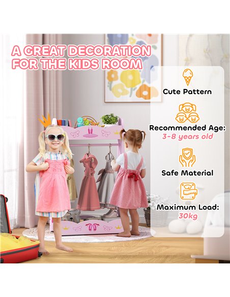 AIYAPLAY Kids Clothes Rail, Kids Dressing Mirror with 360° Rotating, 2 Piece Kids Furniture Set with Storage Shelves, Pink
