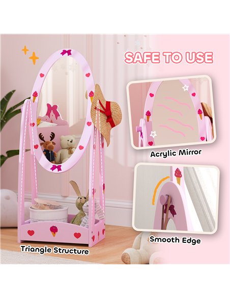 AIYAPLAY Kids Clothes Rail, Kids Dressing Mirror with 360° Rotating, 2 Piece Kids Furniture Set with Storage Shelves, Pink