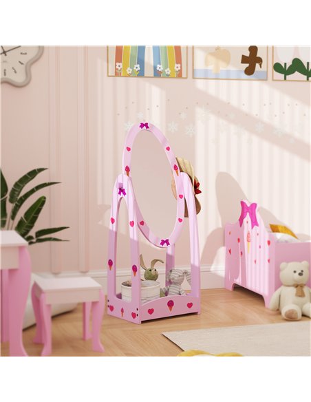 AIYAPLAY Kids Clothes Rail, Kids Dressing Mirror with 360° Rotating, 2 Piece Kids Furniture Set with Storage Shelves, Pink