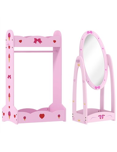 AIYAPLAY Kids Clothes Rail, Kids Dressing Mirror with 360° Rotating, 2 Piece Kids Furniture Set with Storage Shelves, Pink