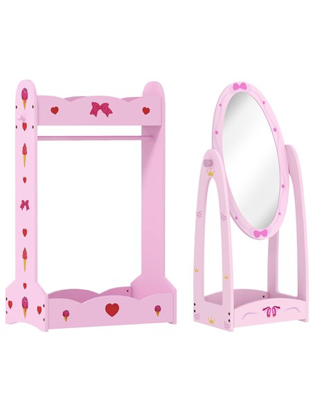 AIYAPLAY Kids Clothes Rail, Kids Dressing Mirror with 360° Rotating, 2 Piece Kids Furniture Set with Storage Shelves, Pink