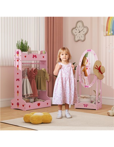AIYAPLAY Kids Clothes Rail, Kids Dressing Mirror with 360° Rotating, 2 Piece Kids Furniture Set with Storage Shelves, Pink