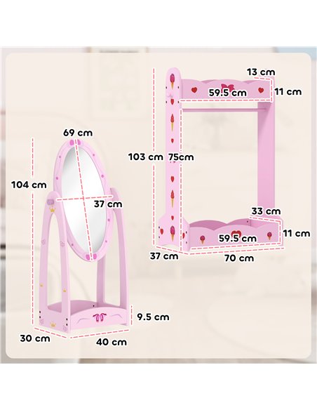 AIYAPLAY Kids Clothes Rail, Kids Dressing Mirror with 360° Rotating, 2 Piece Kids Furniture Set with Storage Shelves, Pink