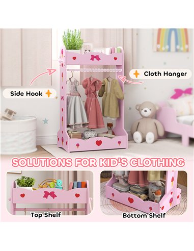 AIYAPLAY Kids Clothes Rail, Kids Dressing Mirror with 360° Rotating, 2 Piece Kids Furniture Set with Storage Shelves, Pink