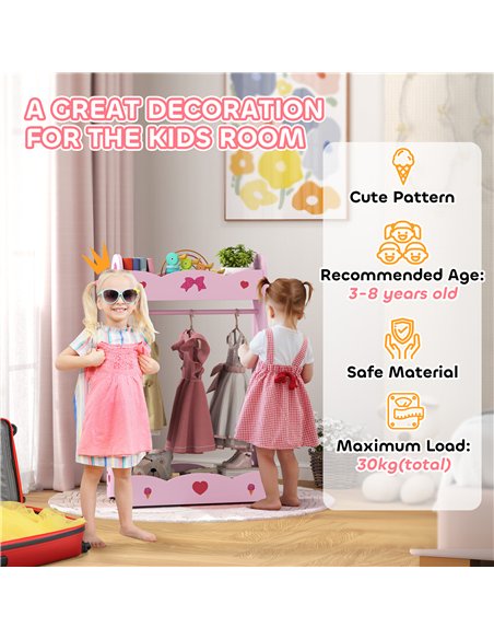 AIYAPLAY Kids Clothes Rail, Kids Dressing Mirror with 360° Rotating, 2 Piece Kids Furniture Set with Storage Shelves, Pink