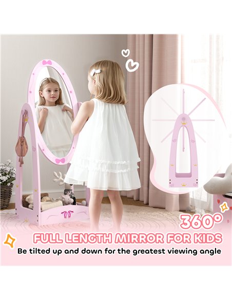 AIYAPLAY Kids Clothes Rail, Kids Dressing Mirror with 360° Rotating, 2 Piece Kids Furniture Set with Storage Shelves, Pink