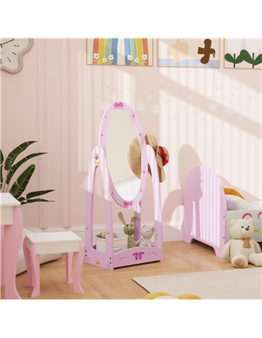 AIYAPLAY Kids Clothes Rail, Kids Dressing Mirror with 360° Rotating, 2 Piece Kids Furniture Set with Storage Shelves, Pink