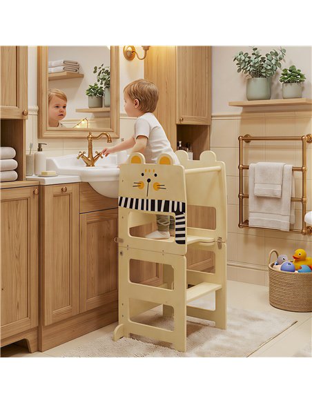 AIYAPLAY Toddler Step Stool, Standing Tower with Chalkboard, 3-in-1 Cat-Shaped Step Stool for Kitchen Counter, Natural