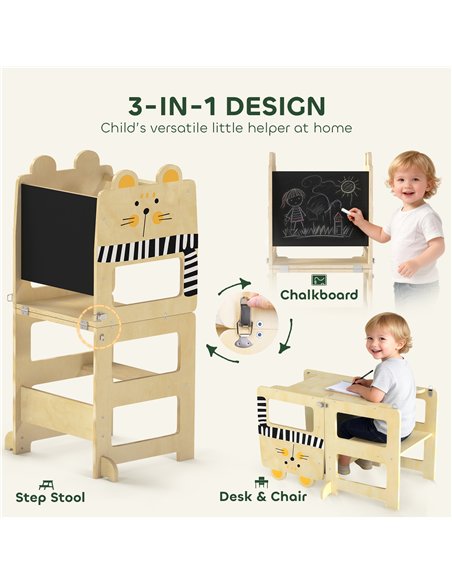 AIYAPLAY Toddler Step Stool, Standing Tower with Chalkboard, 3-in-1 Cat-Shaped Step Stool for Kitchen Counter, Natural