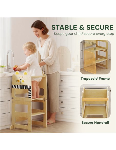 AIYAPLAY Toddler Step Stool, Standing Tower with Chalkboard, 3-in-1 Cat-Shaped Step Stool for Kitchen Counter, Natural