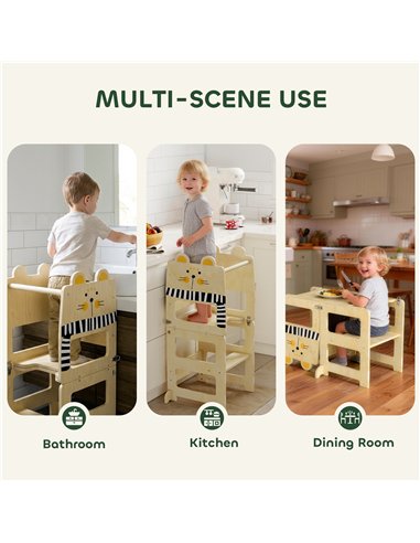 AIYAPLAY Toddler Step Stool, Standing Tower with Chalkboard, 3-in-1 Cat-Shaped Step Stool for Kitchen Counter, Natural