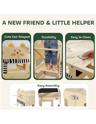 AIYAPLAY Toddler Step Stool, Standing Tower with Chalkboard, 3-in-1 Cat-Shaped Step Stool for Kitchen Counter, Natural