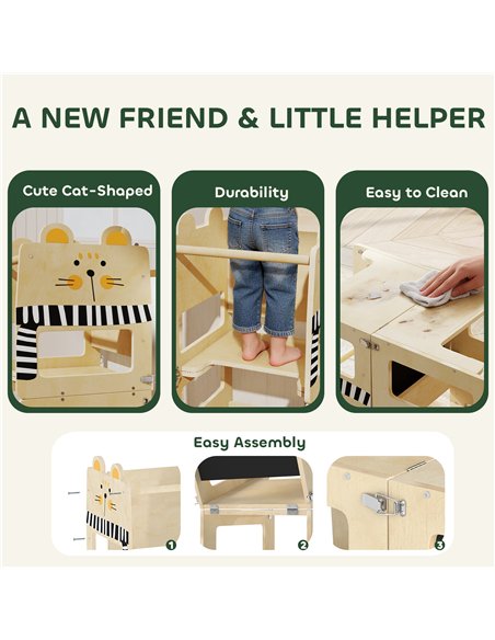 AIYAPLAY Toddler Step Stool, Standing Tower with Chalkboard, 3-in-1 Cat-Shaped Step Stool for Kitchen Counter, Natural