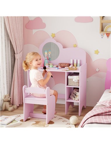 AIYAPLAY Kids Dressing Table with Mirror, Stool, Kids Vanity Table with Shelves, for Ages 3-8 Years, Purple