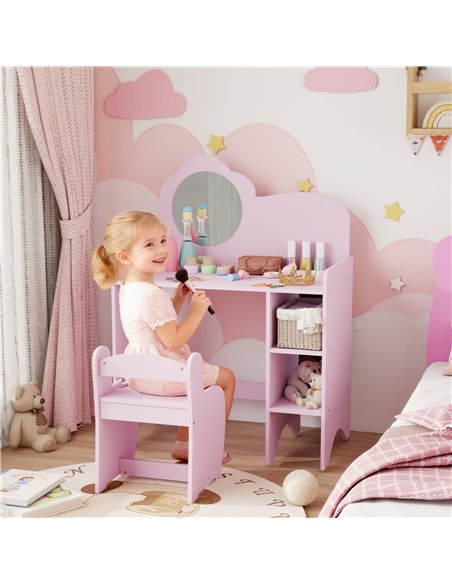 AIYAPLAY Kids Dressing Table with Mirror, Stool, Kids Vanity Table with Shelves, for Ages 3-8 Years, Purple