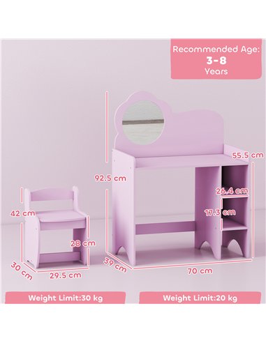 AIYAPLAY Kids Dressing Table with Mirror, Stool, Kids Vanity Table with Shelves, for Ages 3-8 Years, Purple