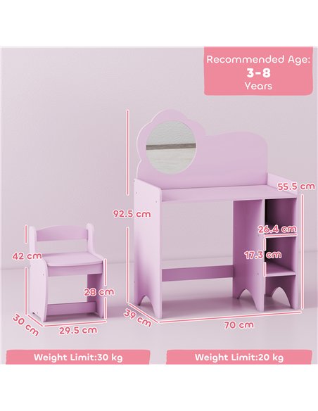 AIYAPLAY Kids Dressing Table with Mirror, Stool, Kids Vanity Table with Shelves, for Ages 3-8 Years, Purple