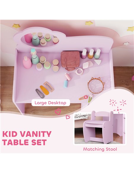 AIYAPLAY Kids Dressing Table with Mirror, Stool, Kids Vanity Table with Shelves, for Ages 3-8 Years, Purple