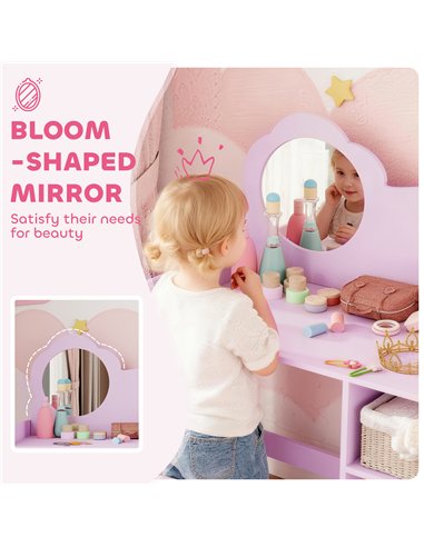 AIYAPLAY Kids Dressing Table with Mirror, Stool, Kids Vanity Table with Shelves, for Ages 3-8 Years, Purple