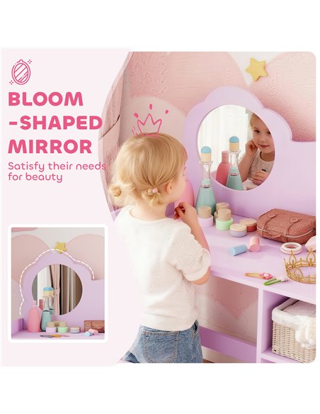 AIYAPLAY Kids Dressing Table with Mirror, Stool, Kids Vanity Table with Shelves, for Ages 3-8 Years, Purple