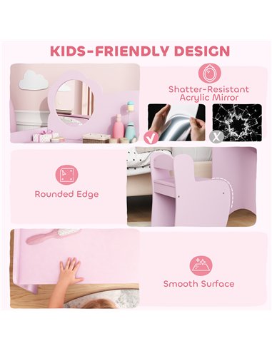 AIYAPLAY Kids Dressing Table with Mirror, Stool, Kids Vanity Table with Shelves, for Ages 3-8 Years, Purple