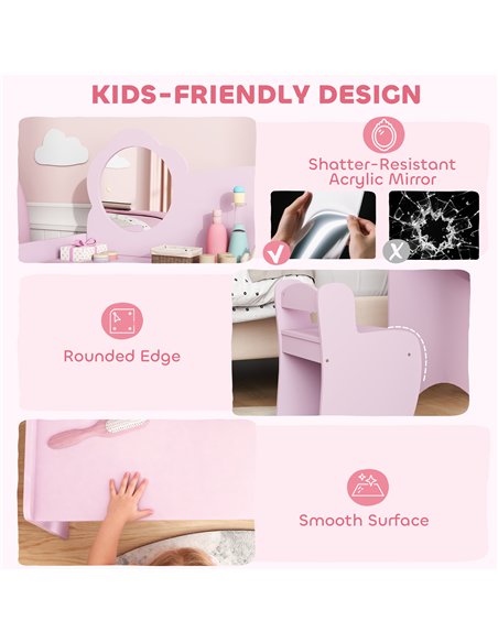 AIYAPLAY Kids Dressing Table with Mirror, Stool, Kids Vanity Table with Shelves, for Ages 3-8 Years, Purple