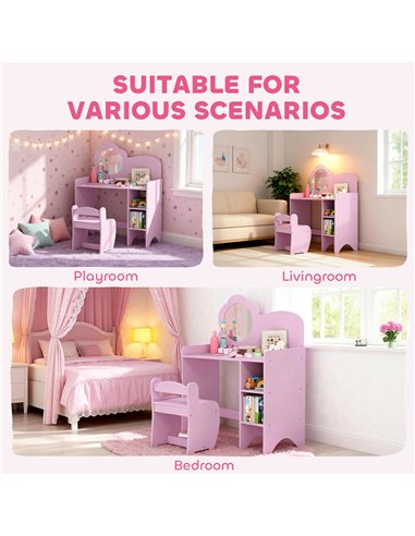 AIYAPLAY Kids Dressing Table with Mirror, Stool, Kids Vanity Table with Shelves, for Ages 3-8 Years, Purple
